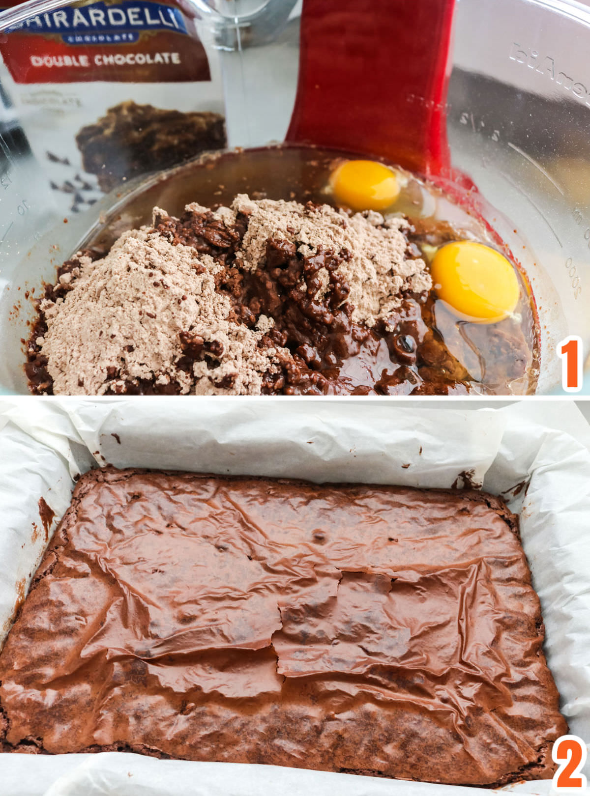 Collage image showing the steps for creating the brownie layer for the bars.