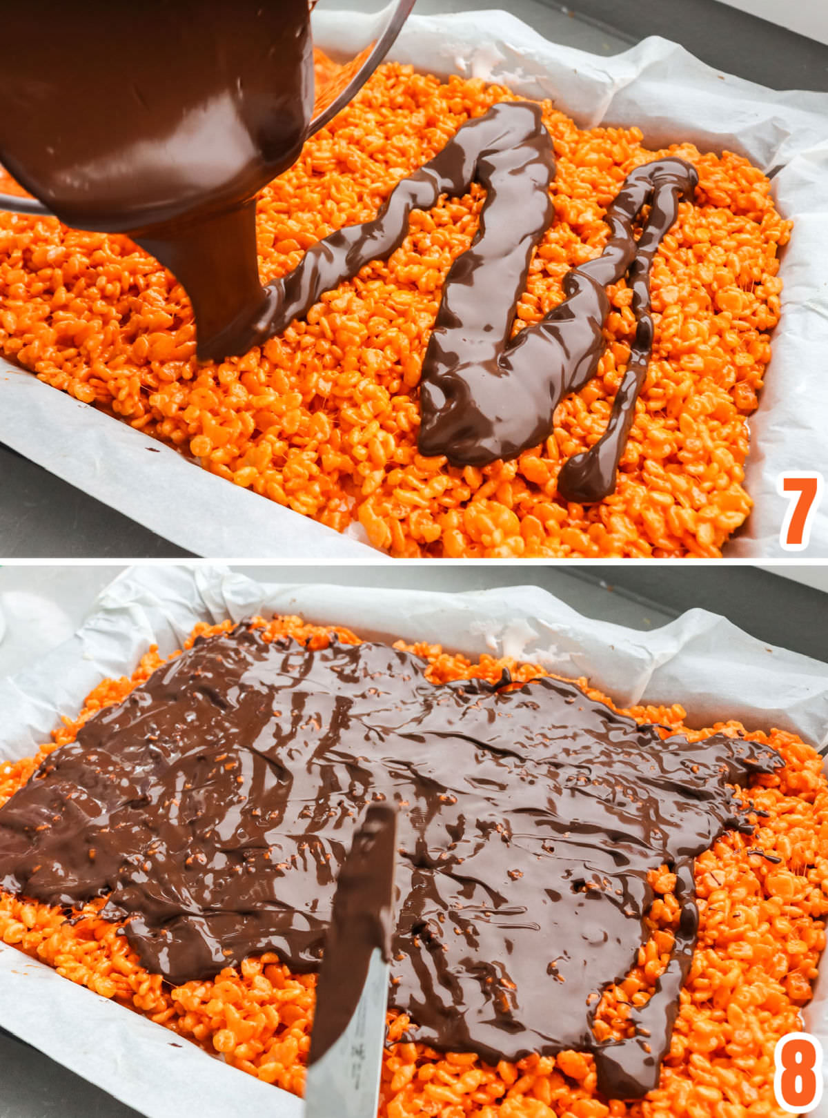 Collage image showing the steps for  adding the chocolate layer to the bars.