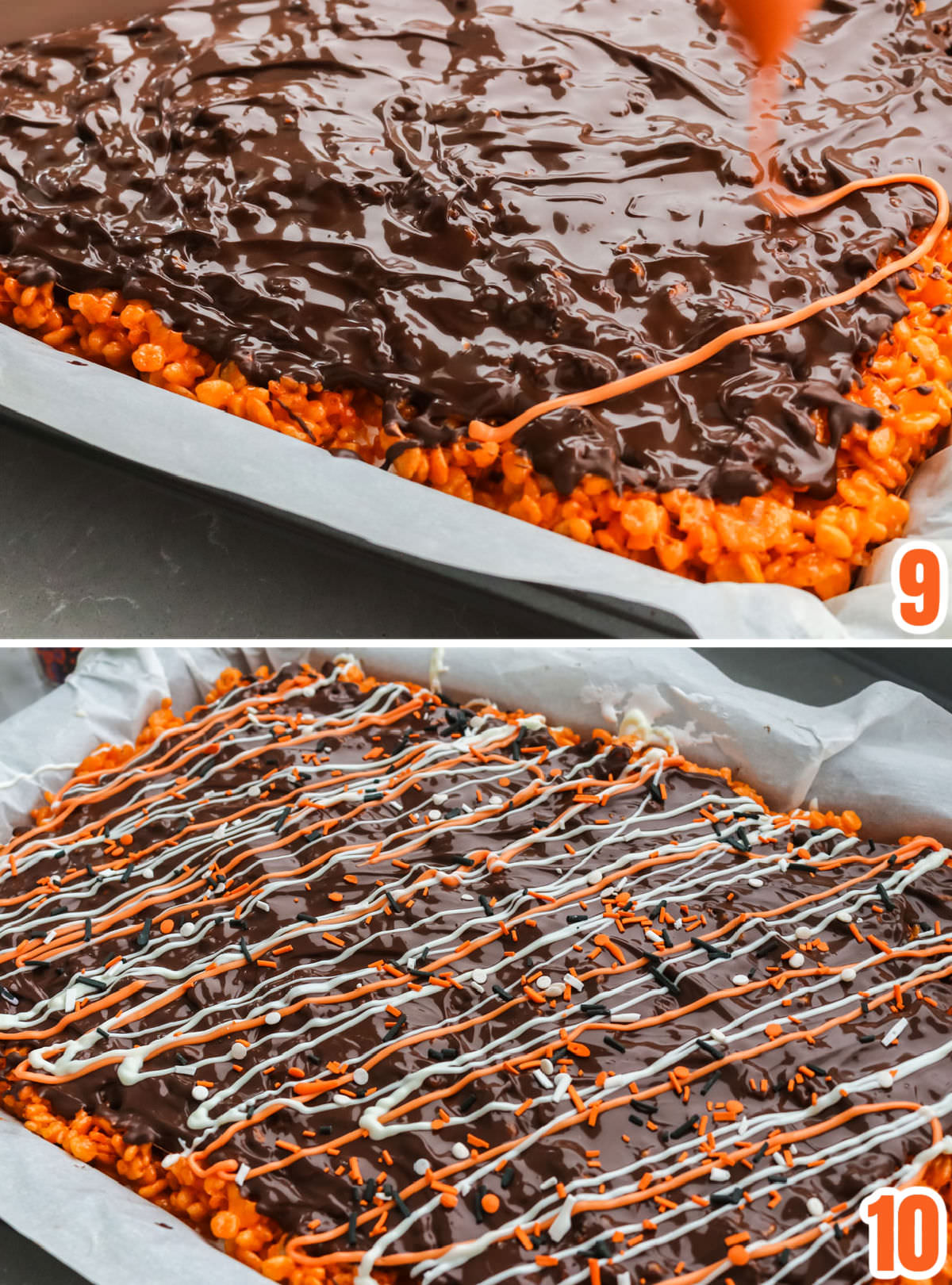Collage image showing the steps for decorating the Brownie Rice Krispie Treats with Halloween colored swirls and sprinkles.
