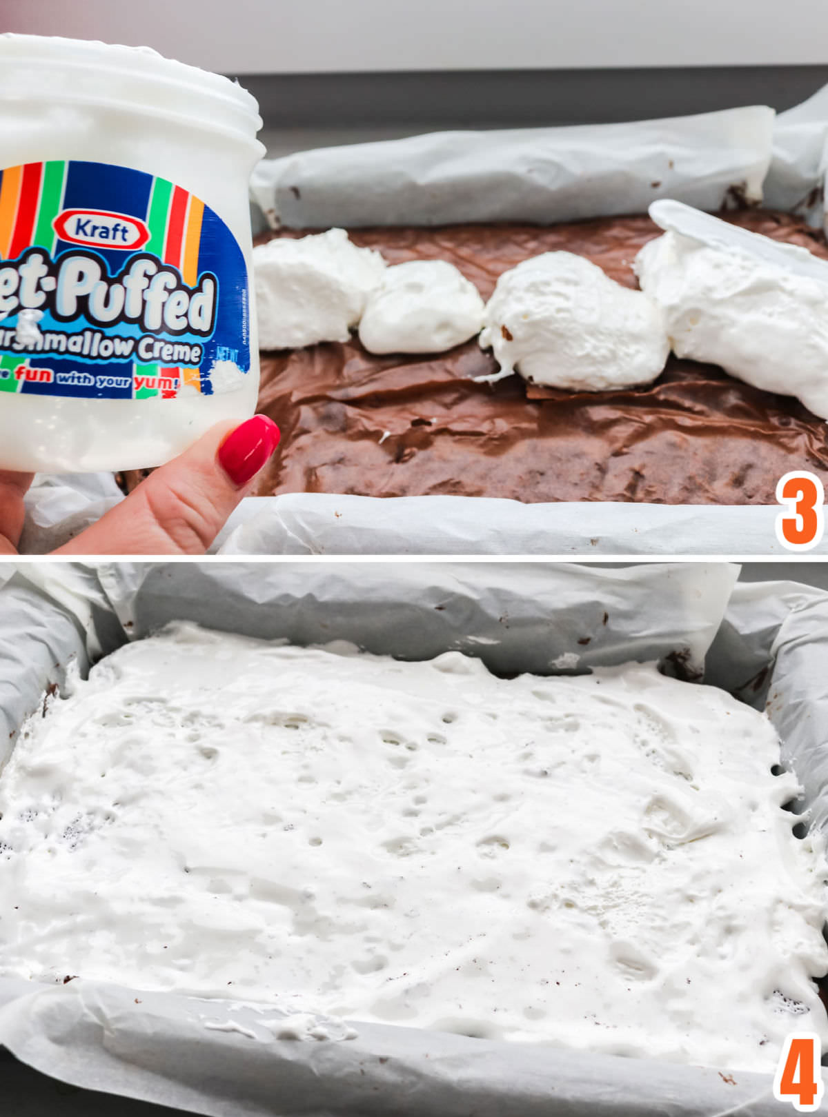 Collage image showing the steps for adding the Marshmallow Creme layer to the Brownie Rice Krispie Treat Bars.