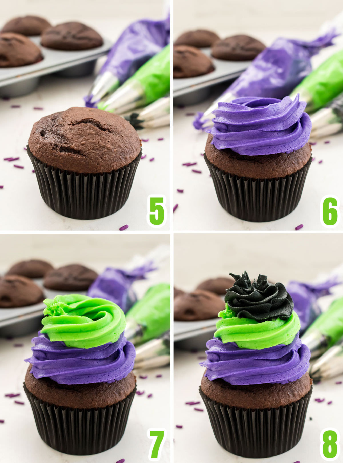 Collage image showing the steps for creating the Frosting Swirl out of purple, green and black buttercream frosting.