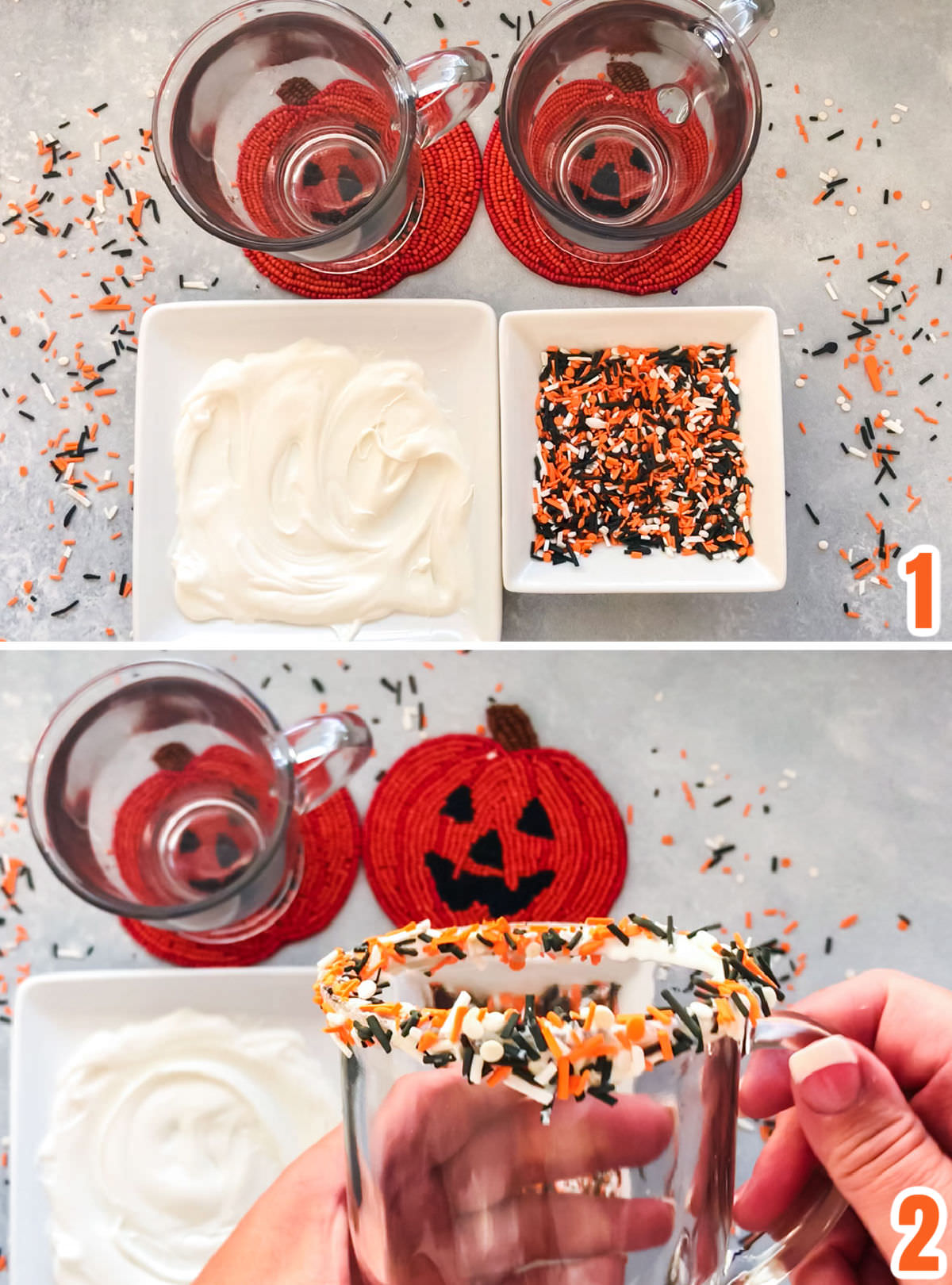 Collage image showing the steps for decorating the glass with chocolate and sprinkles.