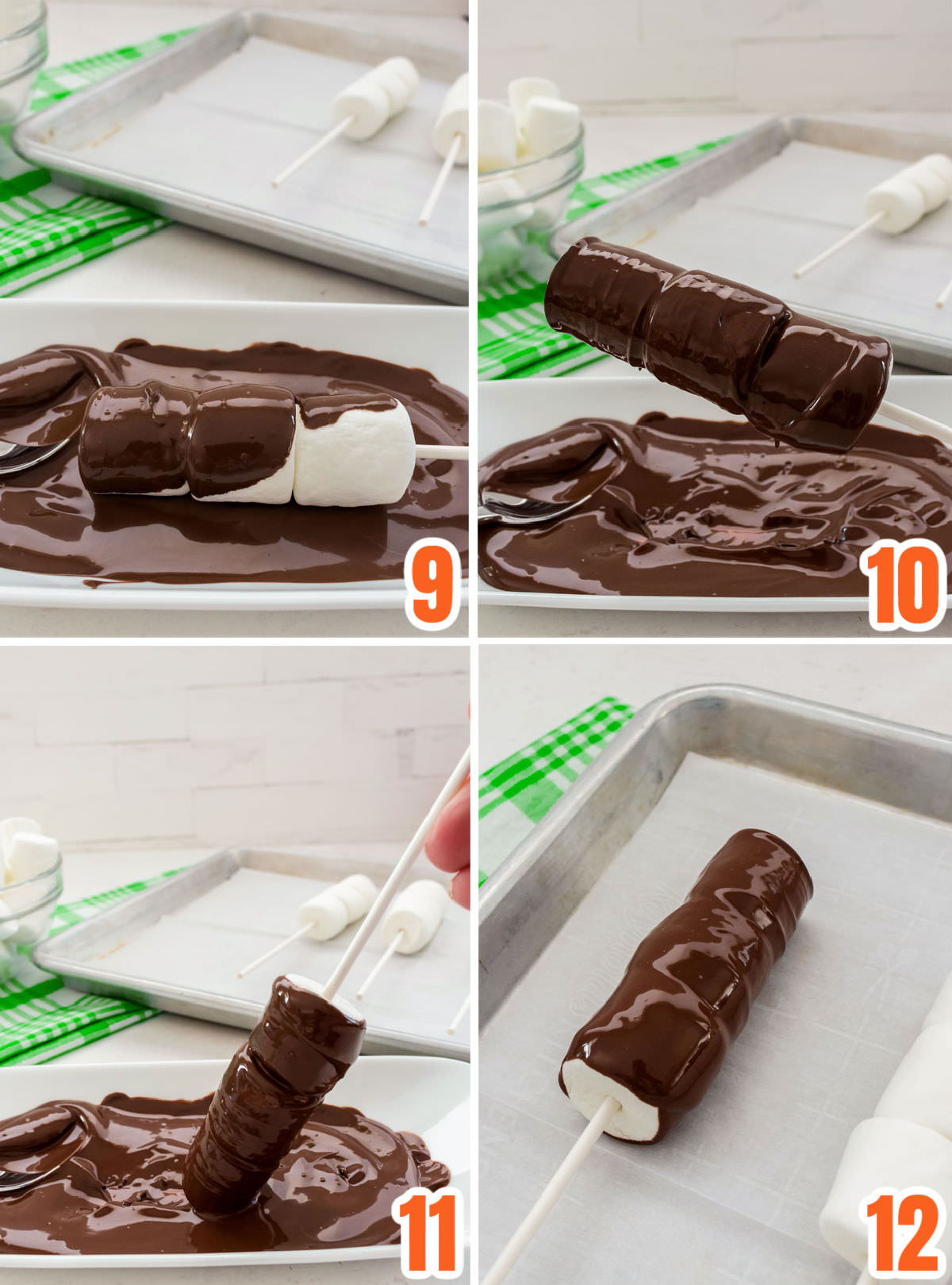 Collage image showing the steps for covering the marshmallow pop with chocolate.