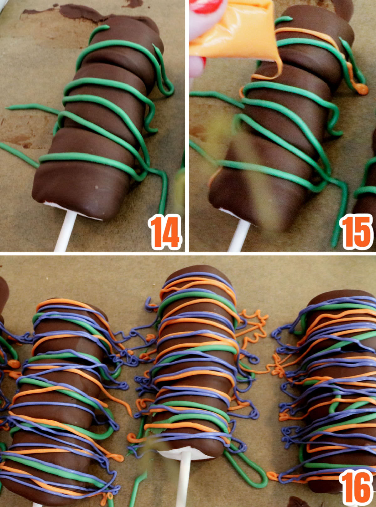 Collage image showing how to decorate the Marshmallow Pops with colored candy melts.