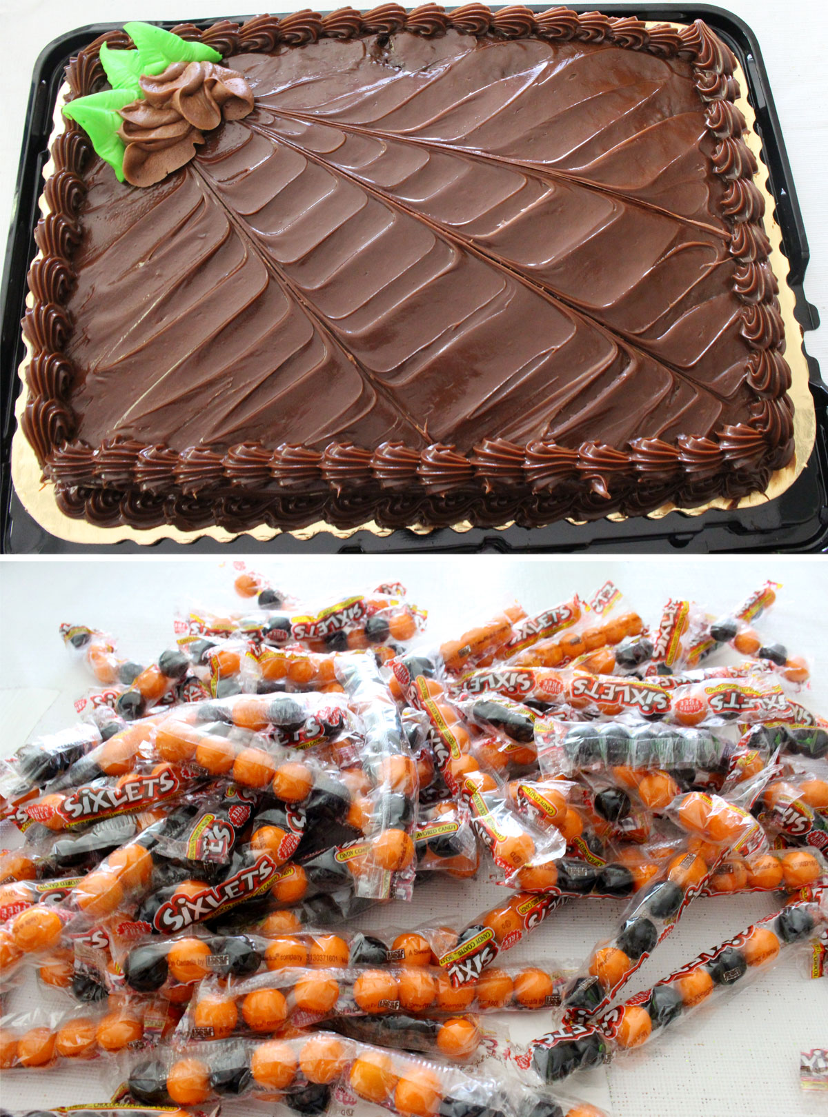 All the ingredients you will need to make this Easy Halloween Cake including a store-bought sheet cake and Black and Orange Sixlets.