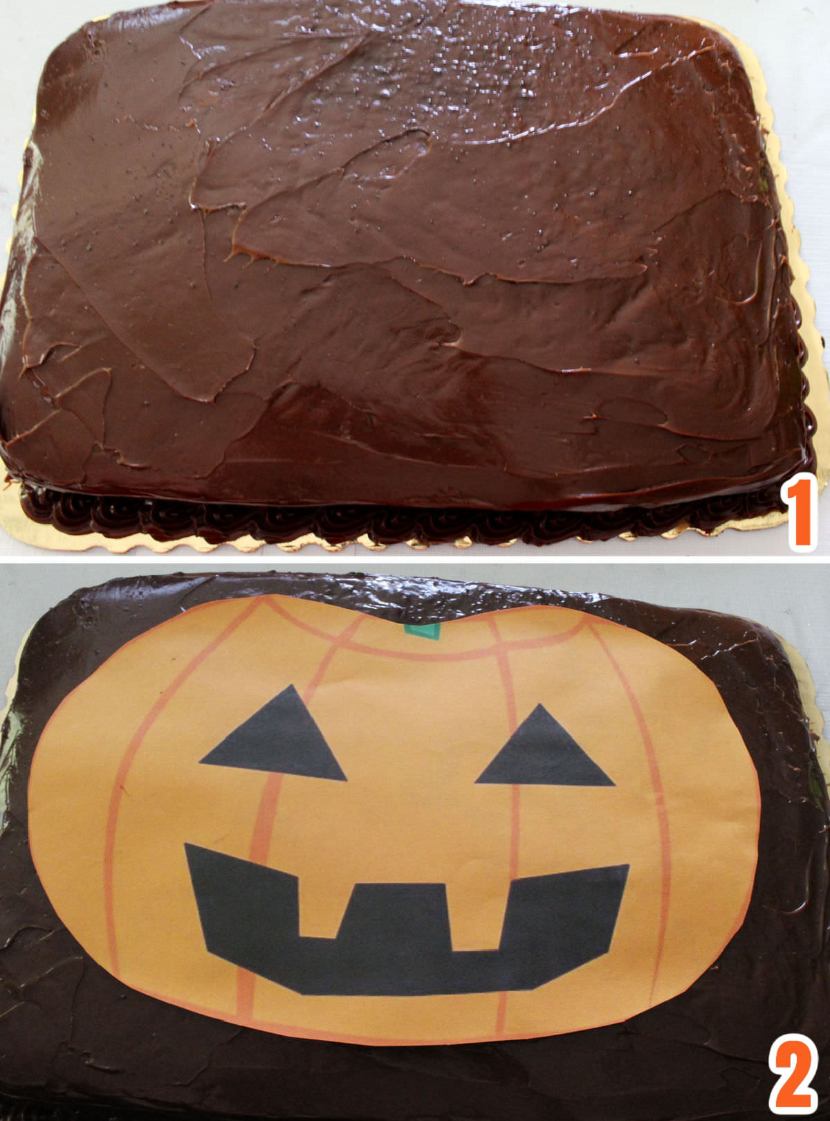 Collage image showing how to trace the shape of a Jack o' Lantern on a store-bought sheet cake.