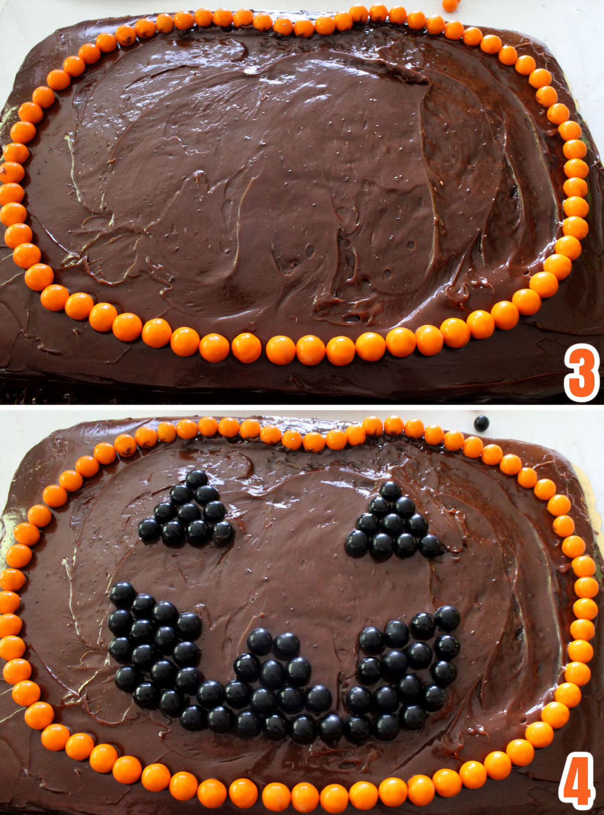 Collage image showing the steps for creating the outline for the pumpkin and the pumpkin eyes and mouth on the Easy Halloween Cake.