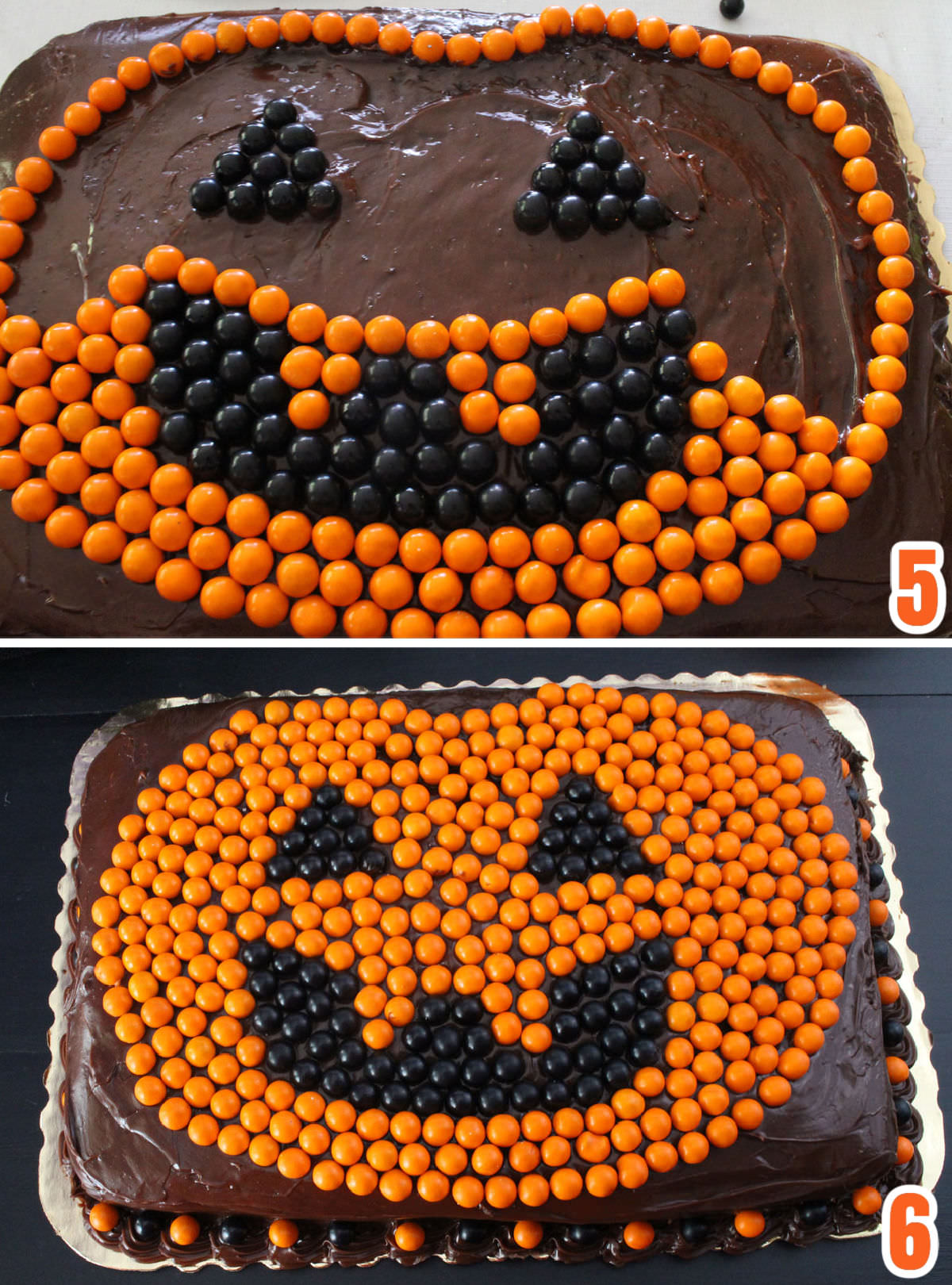 Collage image showing the steps for creating the Pumpkin Cake Decoration with Orange and Black sixlets.