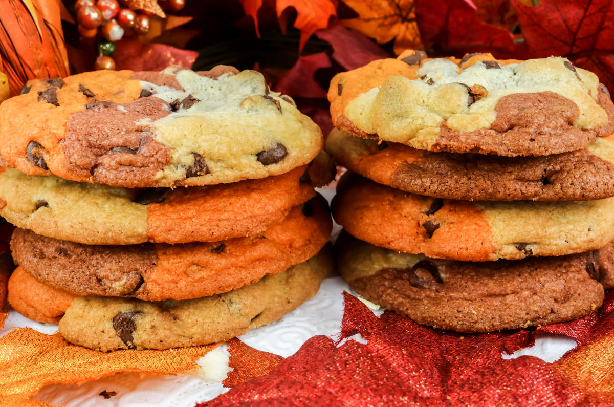 Closeup on two small stacks of Harvest Marble Chocolate Chip Cookies sitting on a white table surrounded by fall leaves decoration.