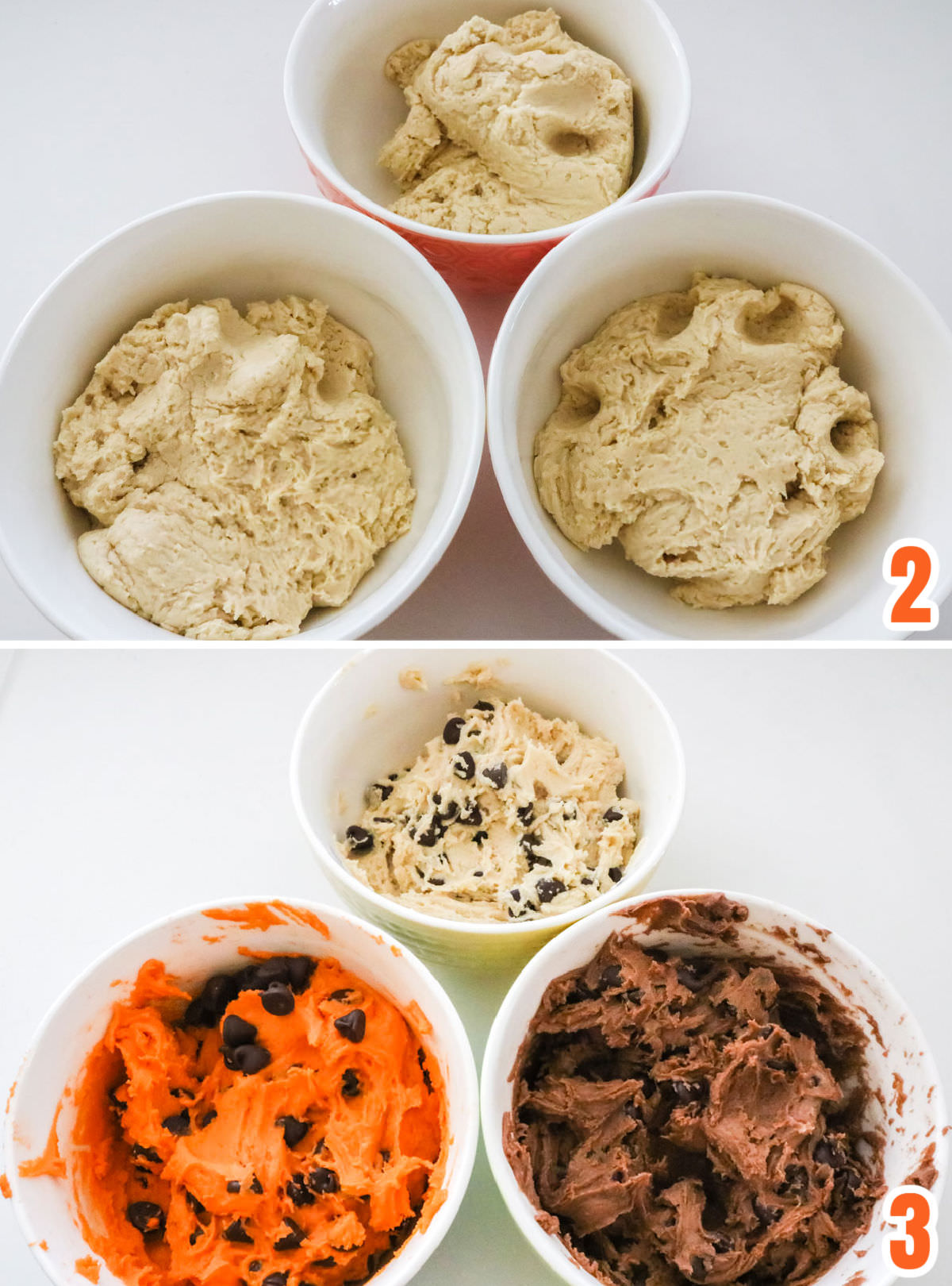 Collage image showing how to separate the cookie dough and color it orange, brown and white.