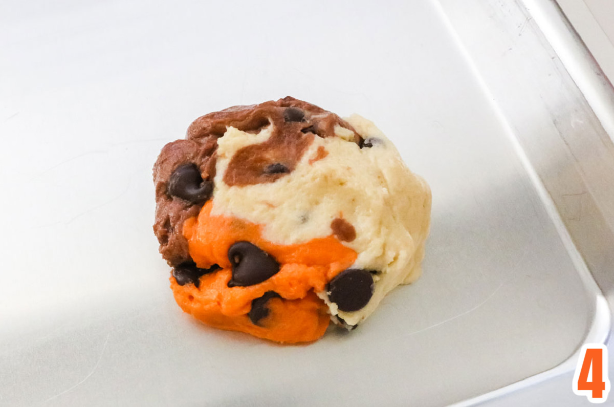 Closeup on a Marble Chocolate Cookie on a cookie sheet before it goes into the oven.