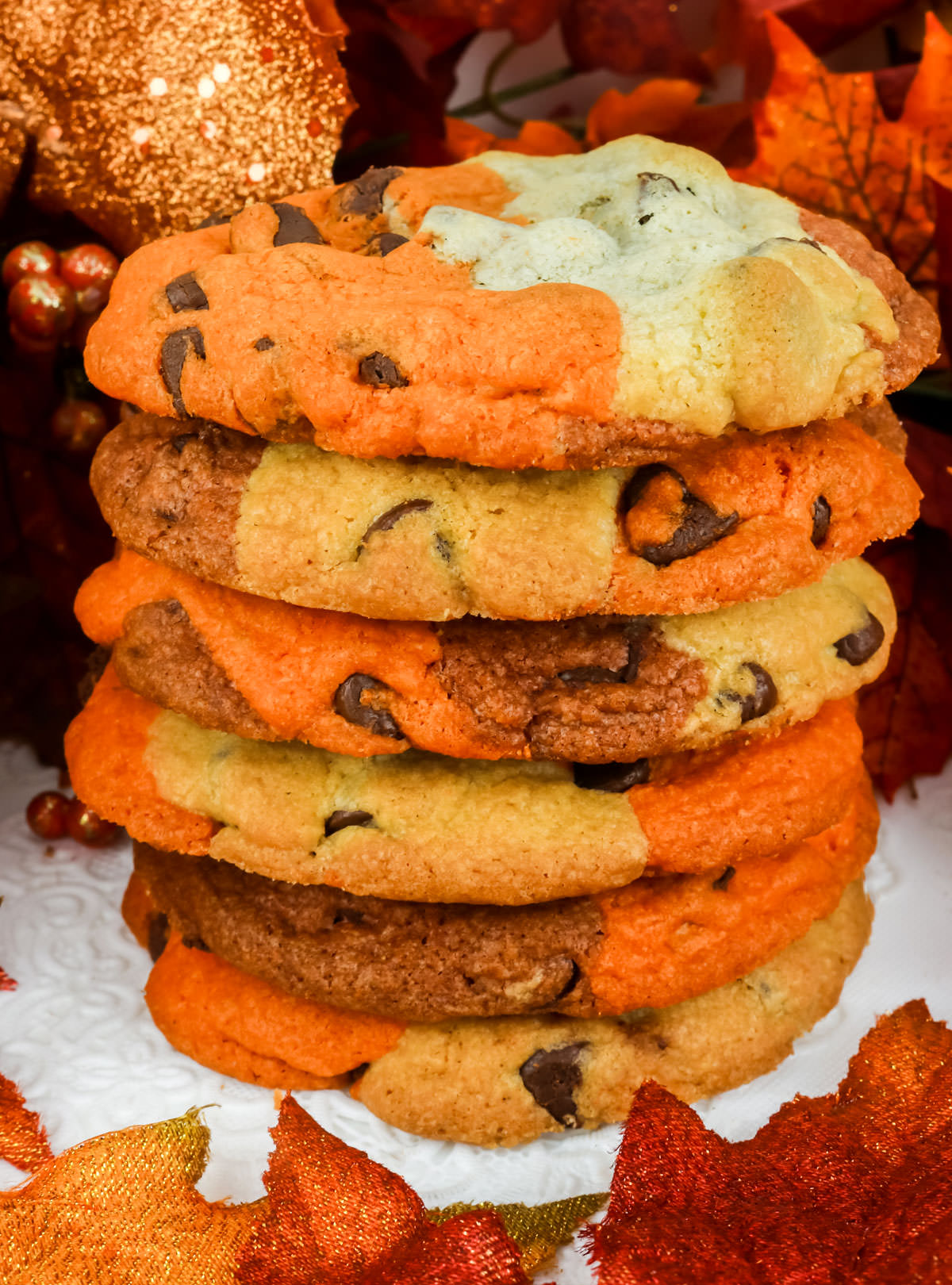 Closeup on a stack of Harvest Marble Chocolate Chip Cookies.
