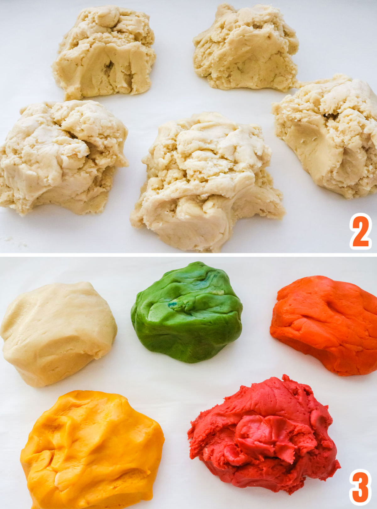 Collage image showing the steps for coloring the Sugar Cookie Bar dough.