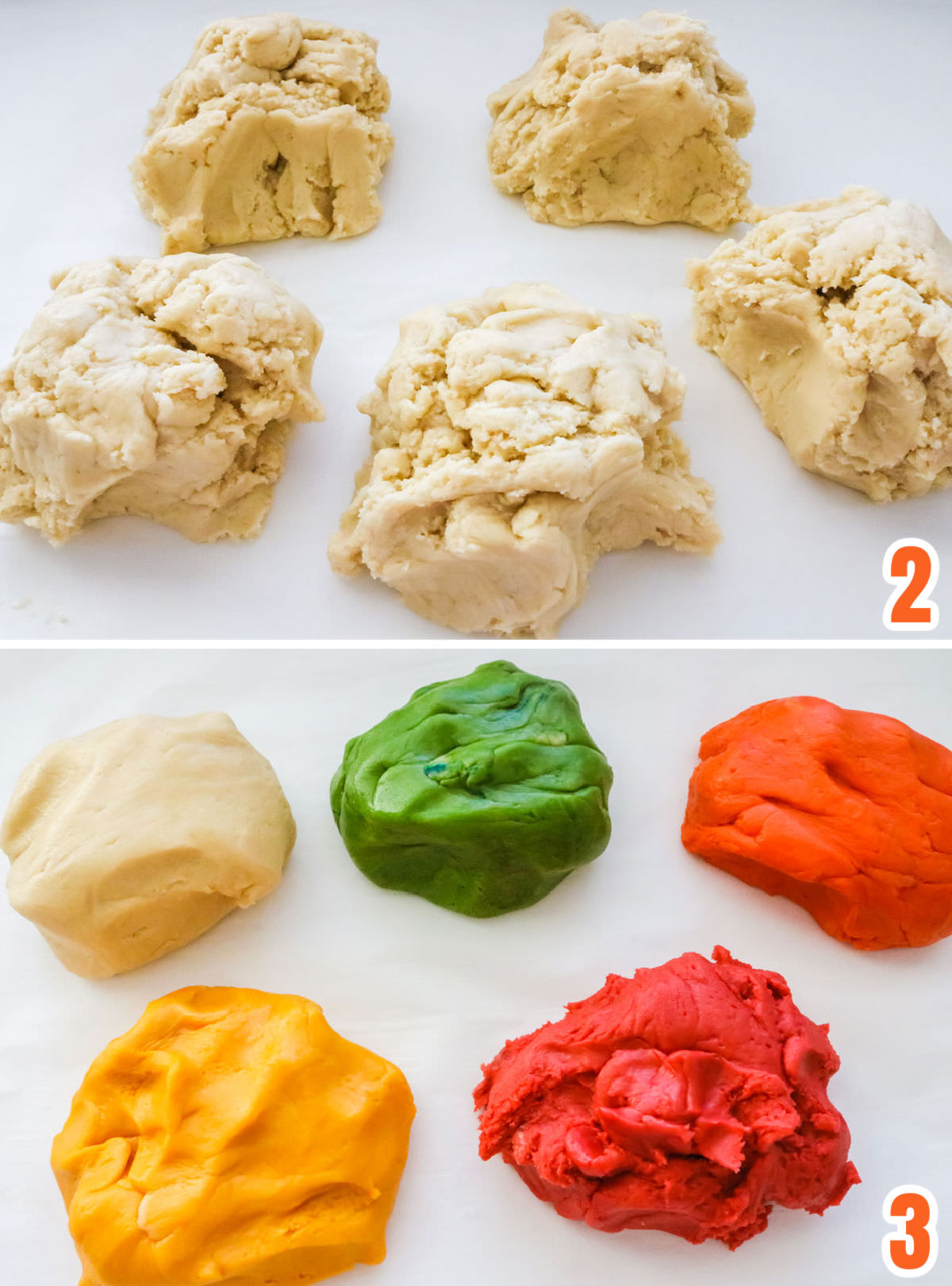 Collage image showing the steps for coloring the Sugar Cookie Bar dough.