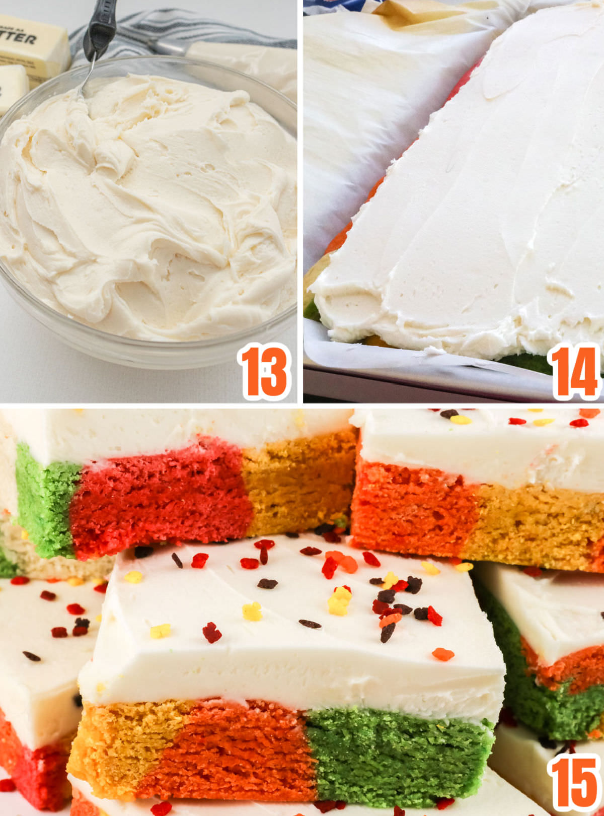 Collage image showing how to frost the Marble Sugar Cookie Bars.