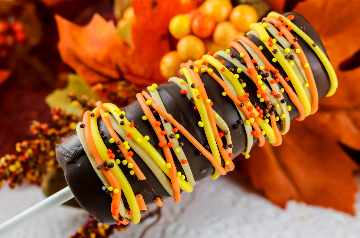 Closeup on a Harvest Marshmallow Pop being held vertically in front of Fall decorations.