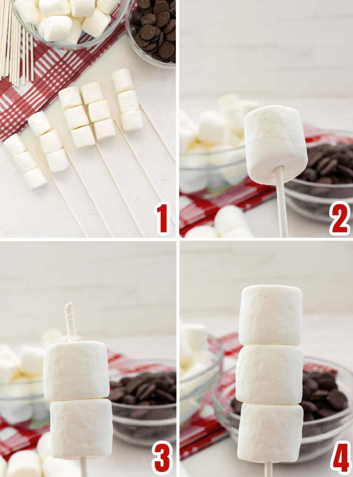 Collage image showing the steps for placing the marshmallows on the lollipop stick.