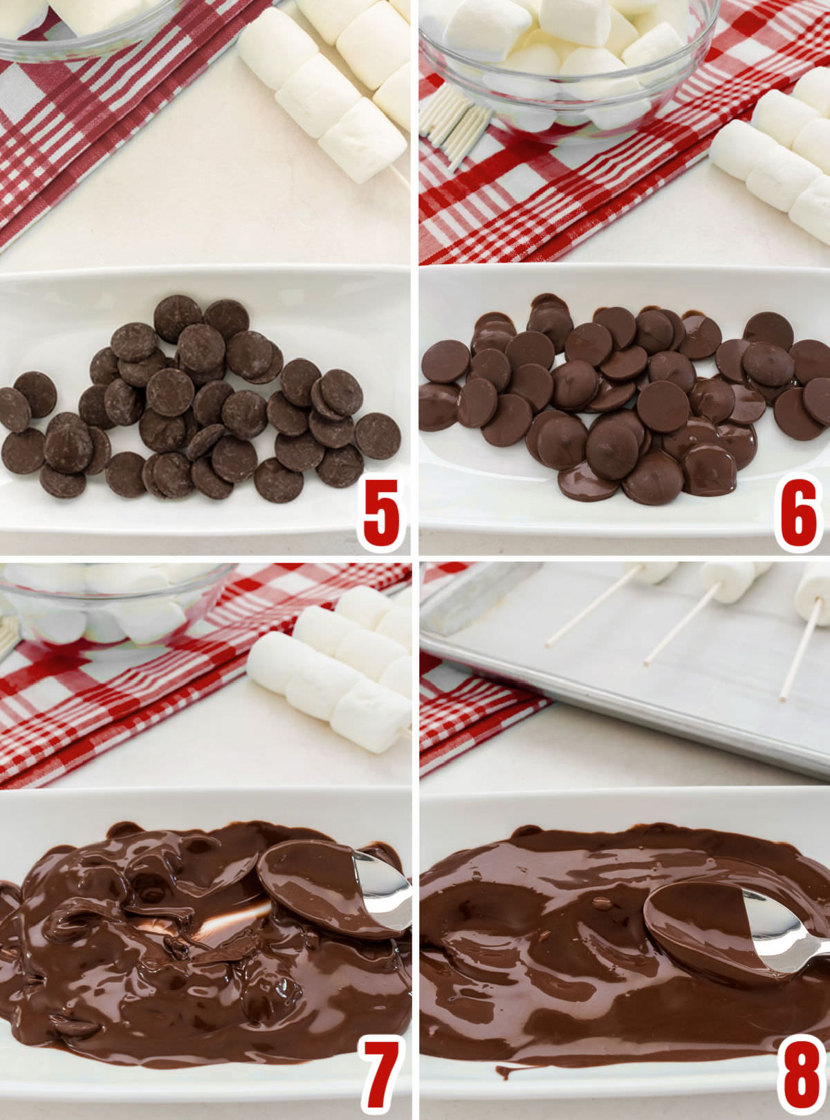 Collage image showing the steps for melting the chocolate for the marshmallow pops.