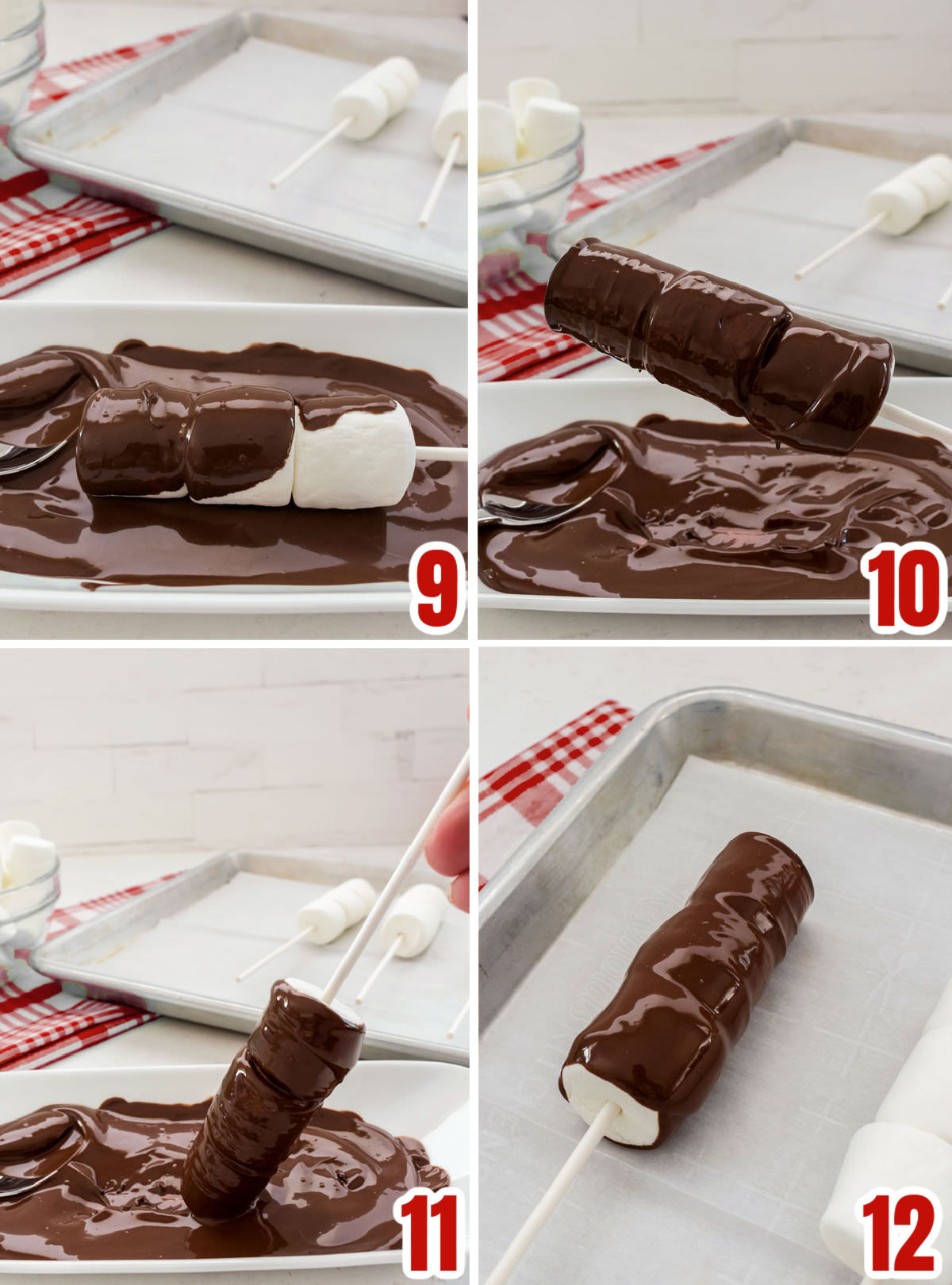 Collage image showing the steps for covering the marshmallow pop with chocolate.