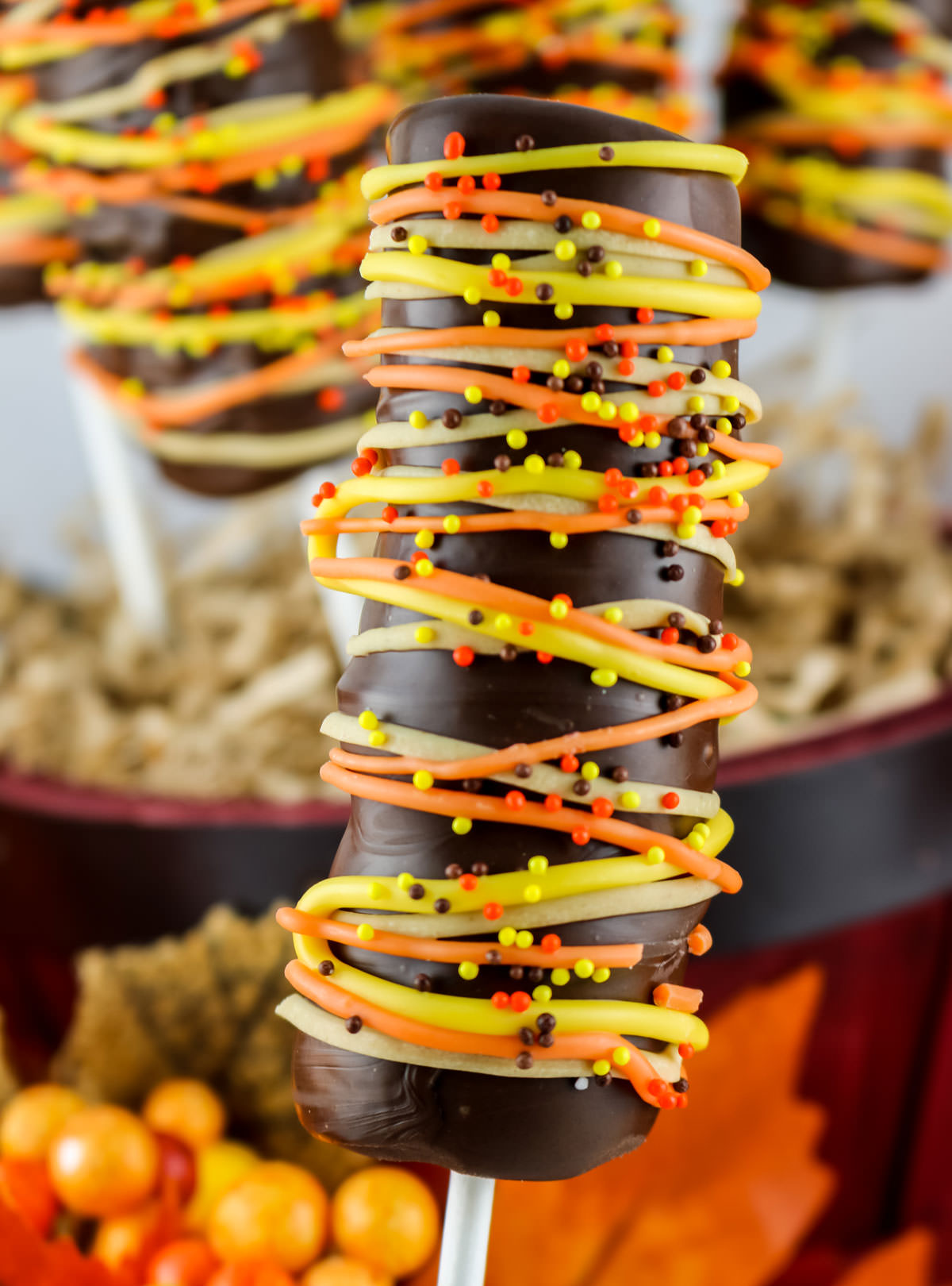 Closeup on a Harvest Marshmallow Pop being held in front of a display of other candy pops.