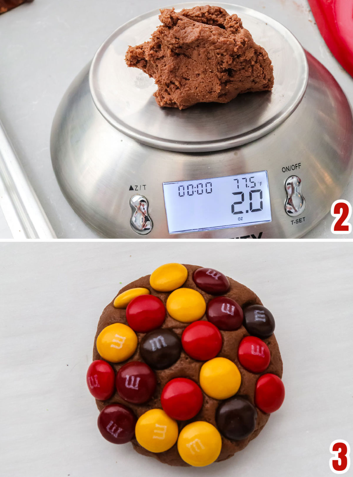 Collage image showing the steps for adding the M&M's to the top of the chocolate cookies.