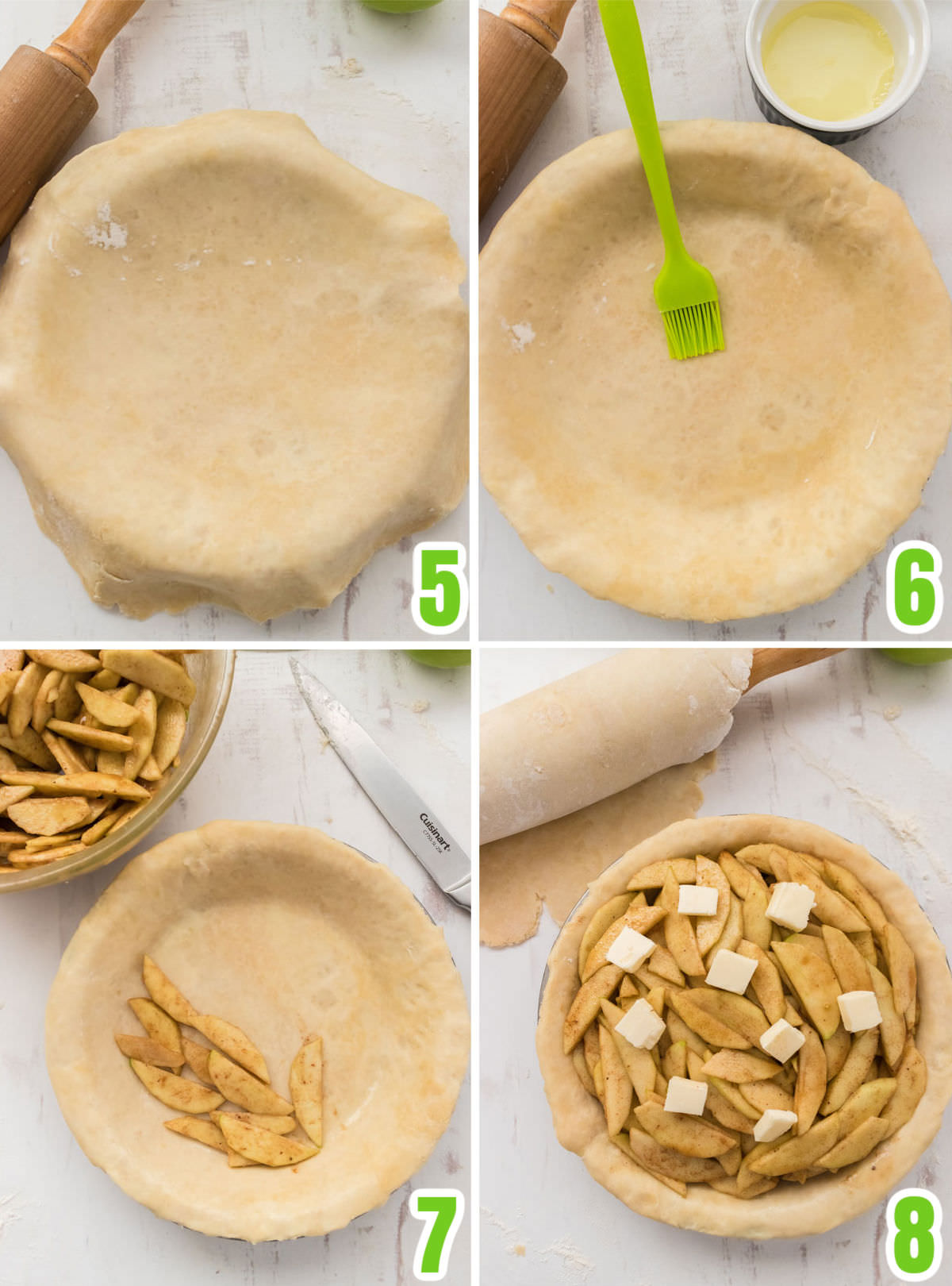 collage image showing the steps for adding the apple pie filling to the pie pan