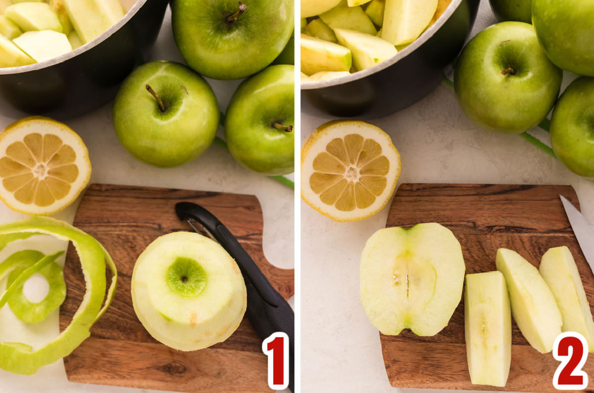 Collage image showing the steps to prepare the apples for the applesauce.