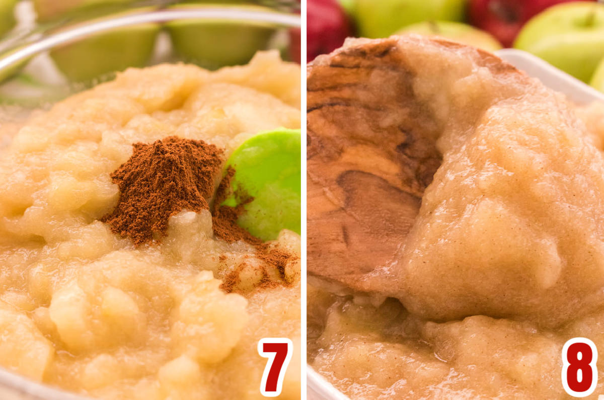 Collage image showing the steps for adding Cinnamon to the applesauce.