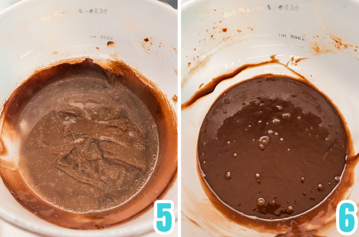 Collage image showing how to add the boiling water to the batter.