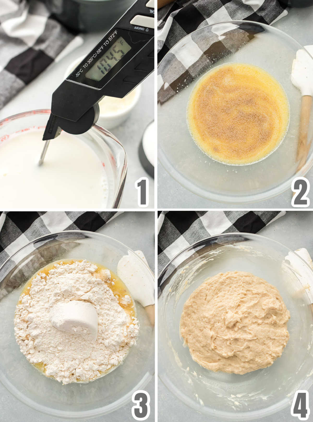 Collage image showing how to prepare the yeast to make the dough.