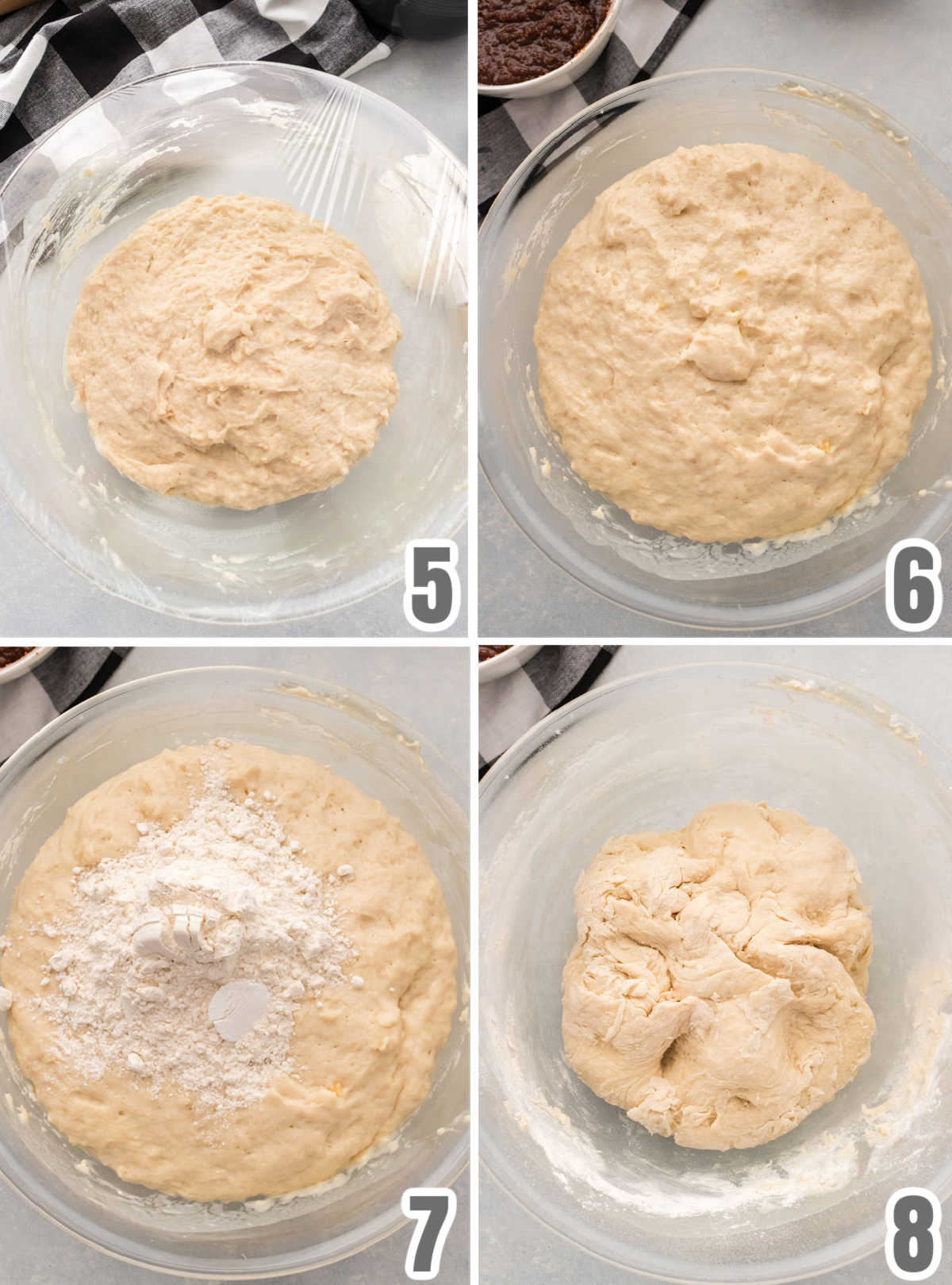 Collage image showing how to make the cinnamon roll dough.