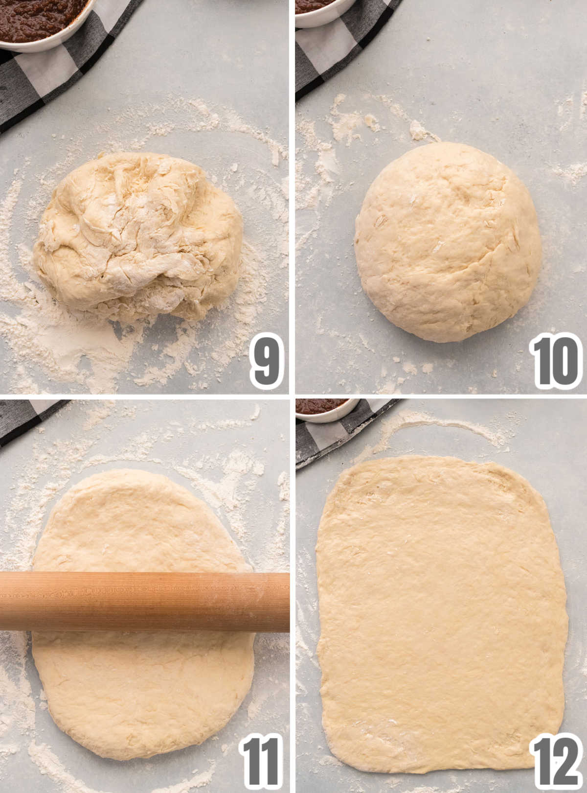 Collage image showing how to knead and roll out the cinnamon roll dough.