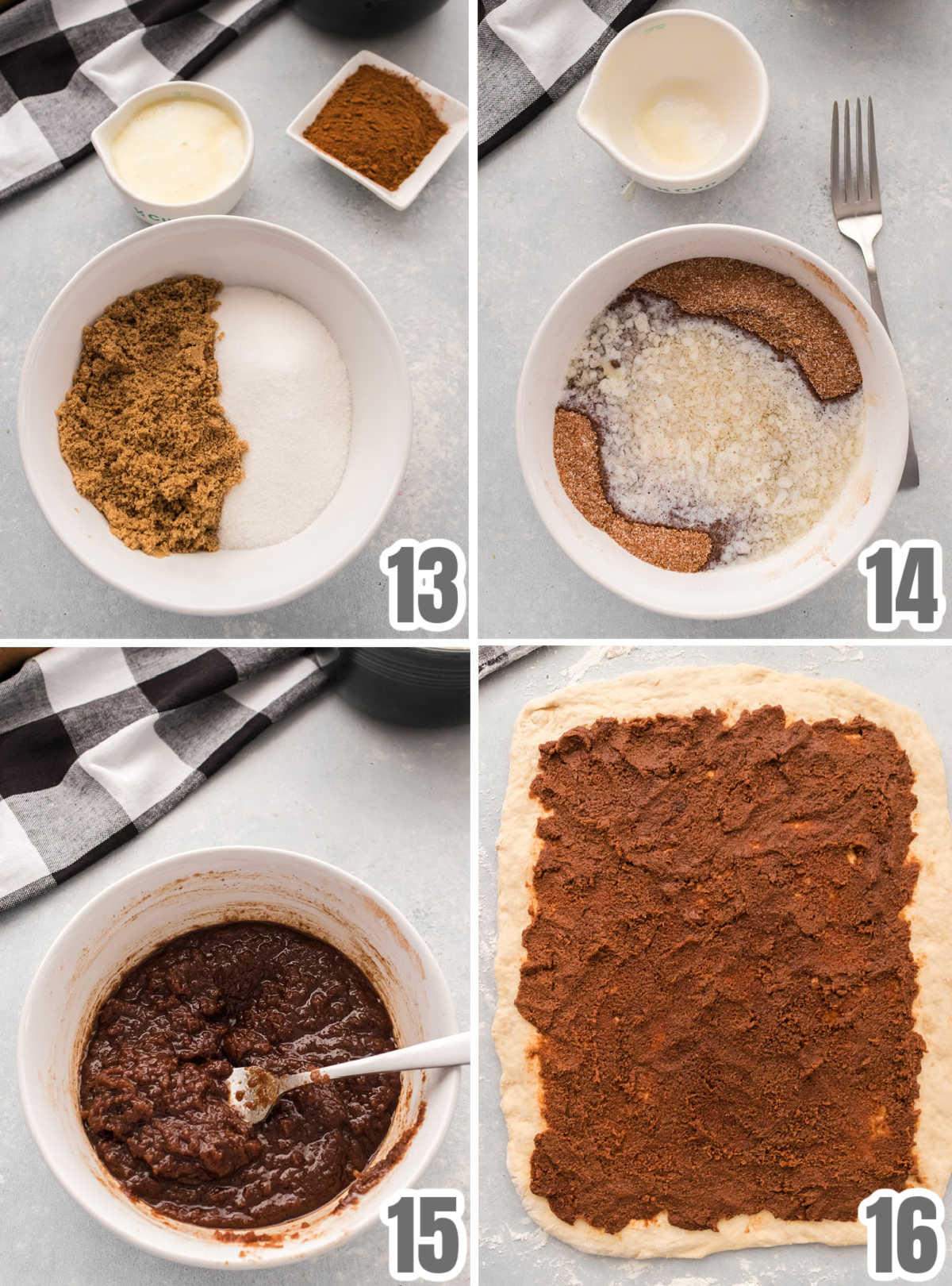 Collage image showing the steps for making the Cinnamon Filling for the rolls.