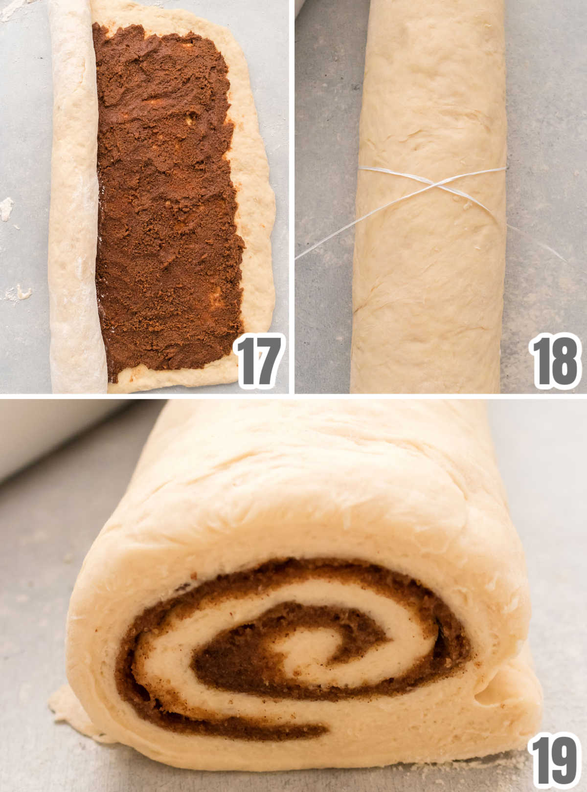 Collage image showing the steps for rolling the cinnamon roll dough and slicing into pieces.