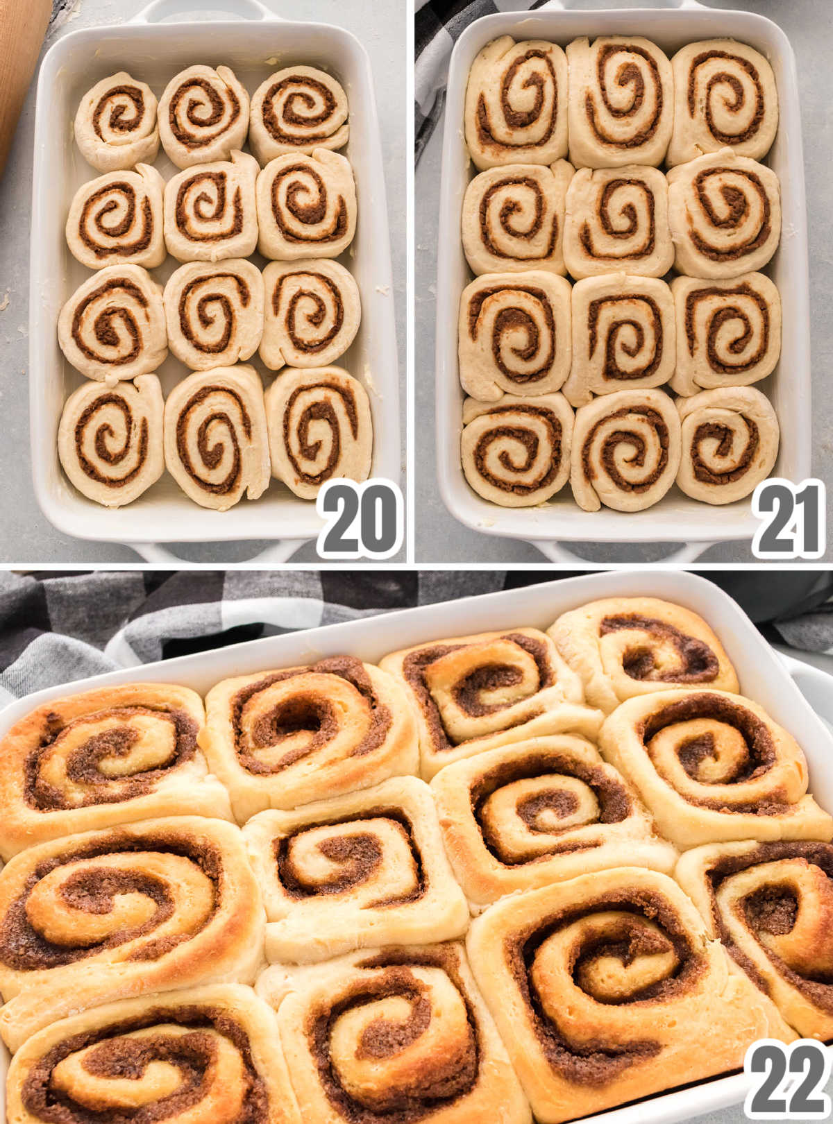 Collage image showing the cinnamon rolls before going in the oven and after coming out of the oven.