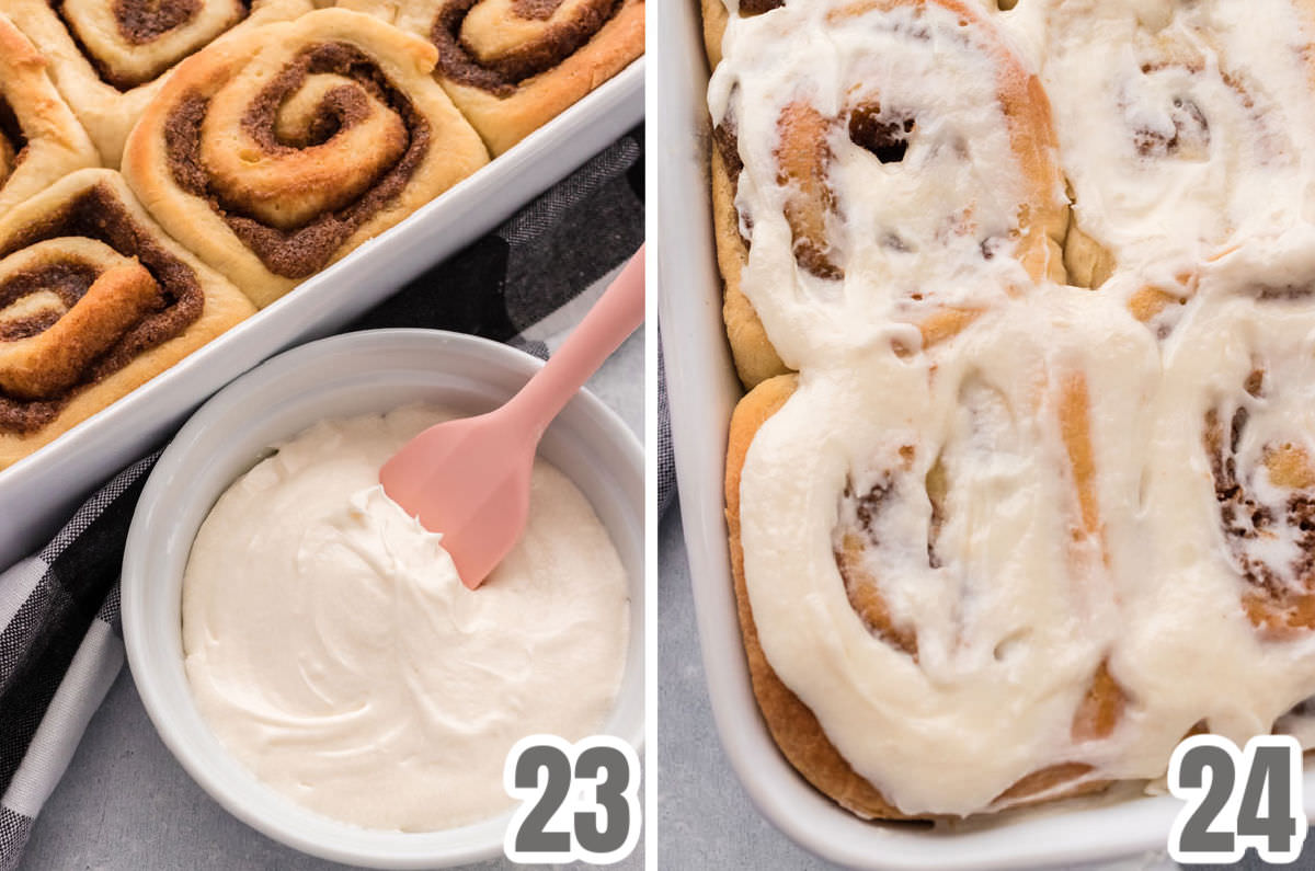 Collage image showing the cream cheese icing used to frost the cinnamon rolls.