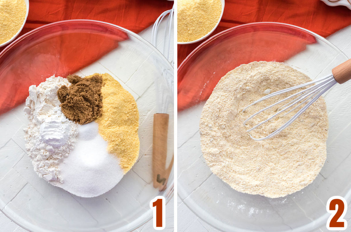 Collage image showing how to whisk together the dry ingredients for the Homemade Cornbread.