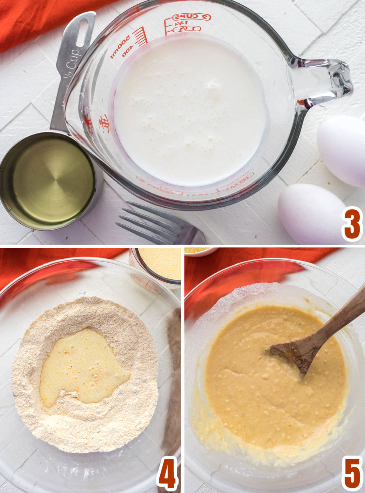 Collage image showing how to add the wet ingredients to the cornmeal mixture.