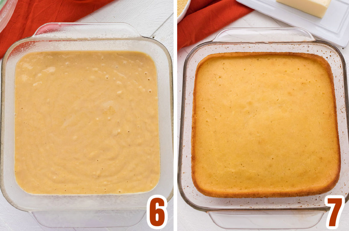 Collage image showing the cornbread before going in the oven and after coming out of the oven.