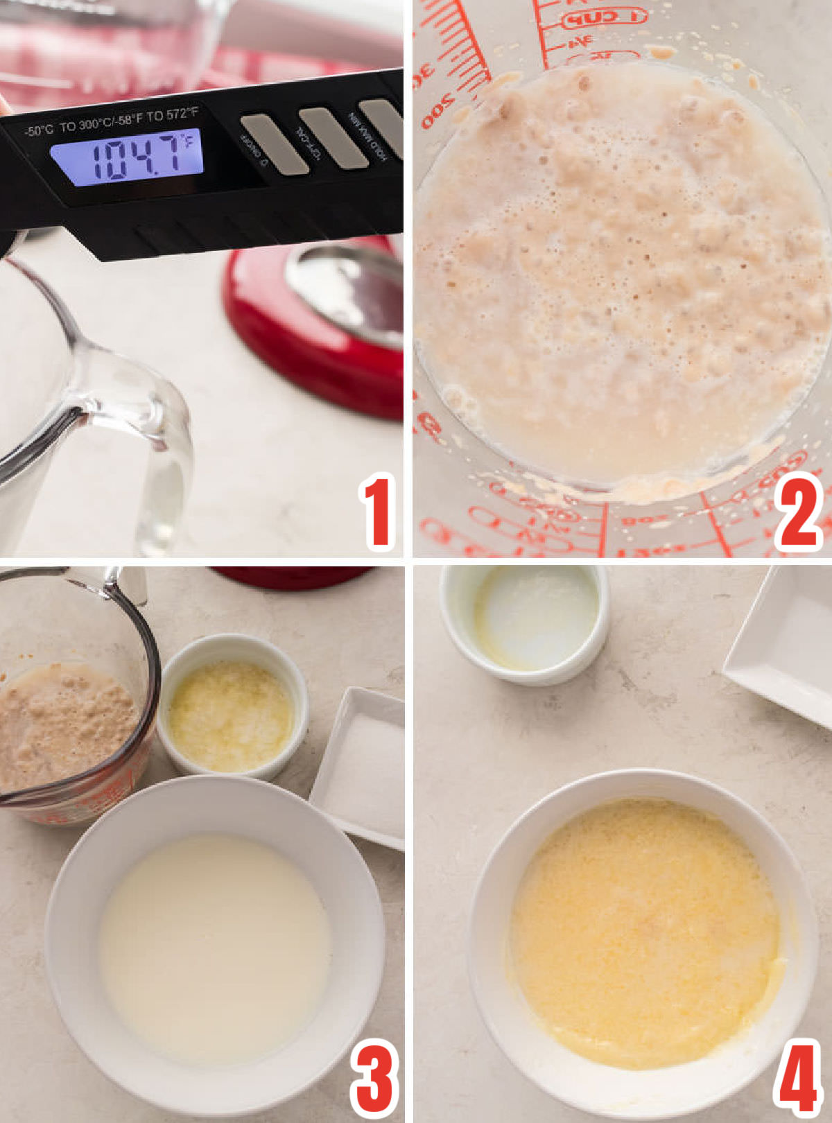 Collage image showing the steps for preparing the yeast and liquid ingredients for the dough.