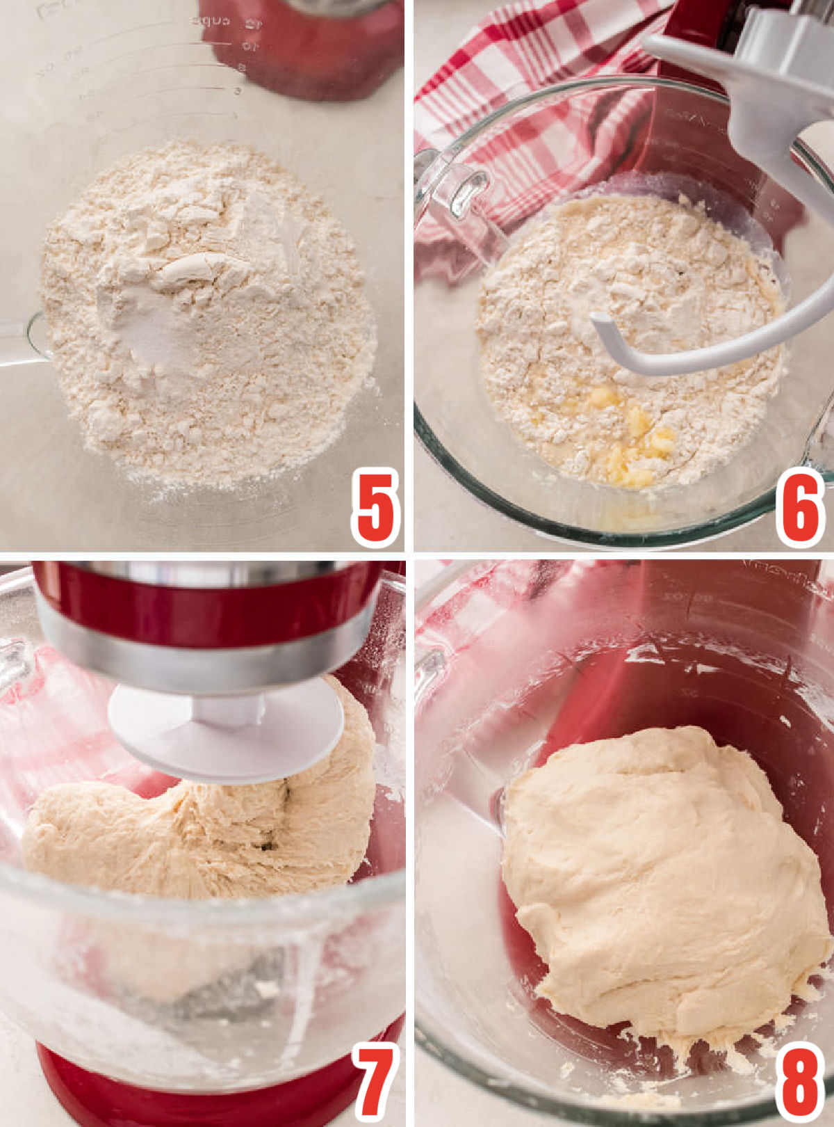 Collage image showing how to mix the roll dough in a mixer with a hook attachment.