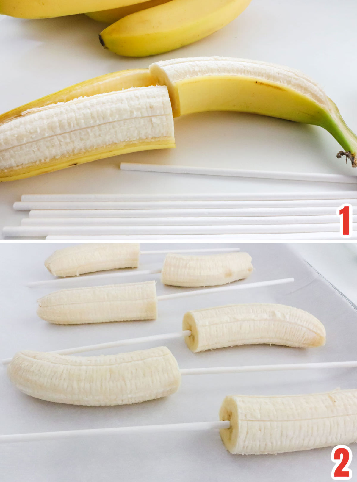 Collage image showing how to prepare the bananas to make a Frozen Banana.