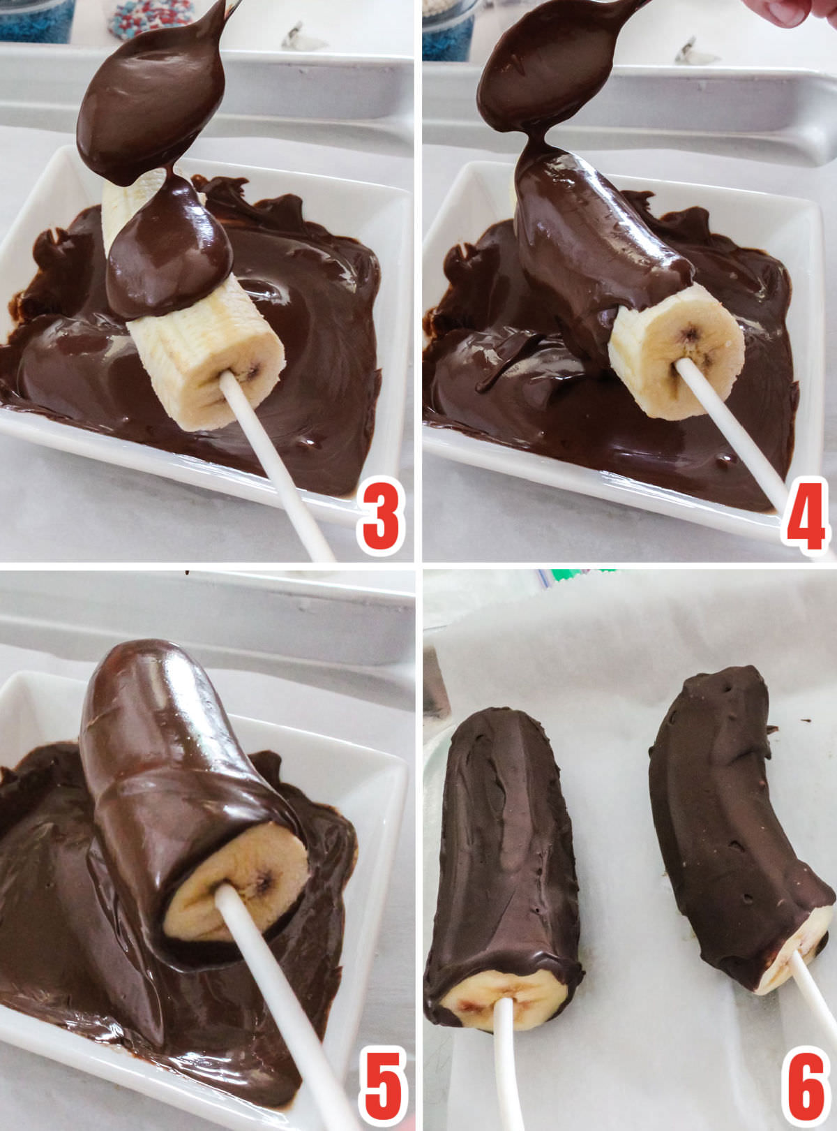 Collage image showing the steps for how to cover the Frozen Banana in chocolate.