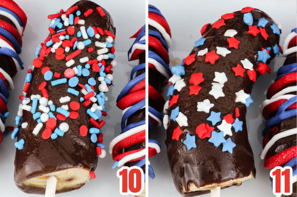 Collage image showing how to add decorate the Frozen Bananas with Sprinkles.