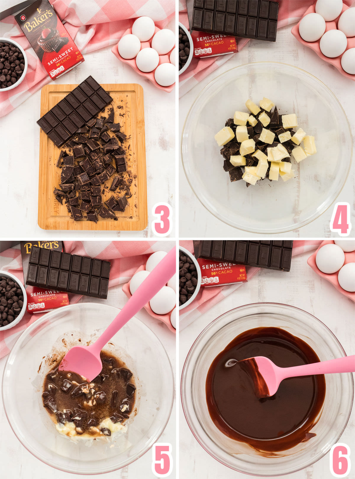 Collage image showing how to prepare the chocolate baking bar for use in the brownie batter.