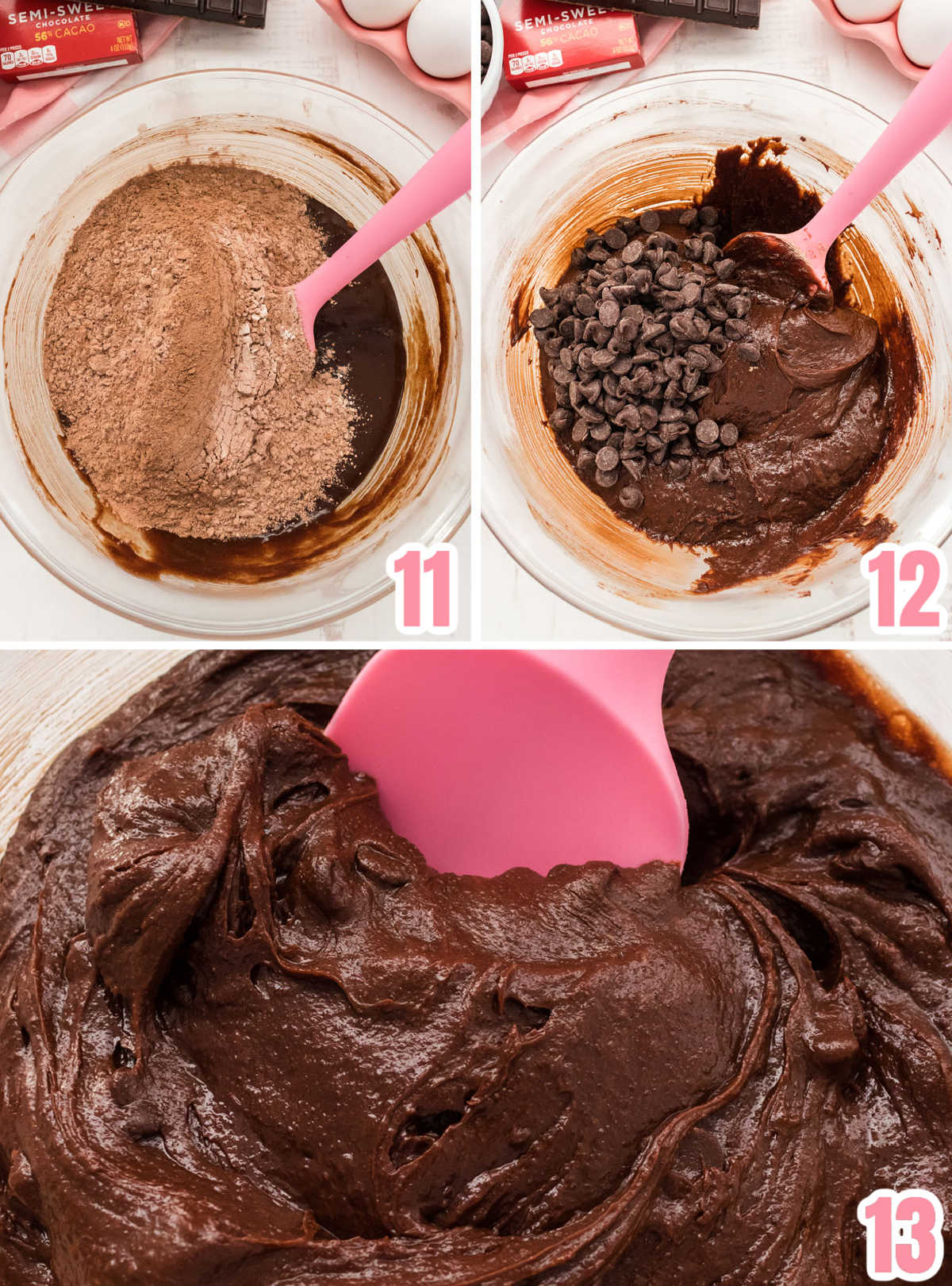 Collage image showing the final steps for making the homemade brownie batter.