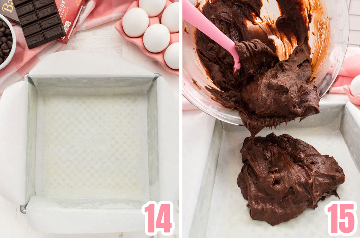 Collage image showing how to prepare the baking pan for the brownies.