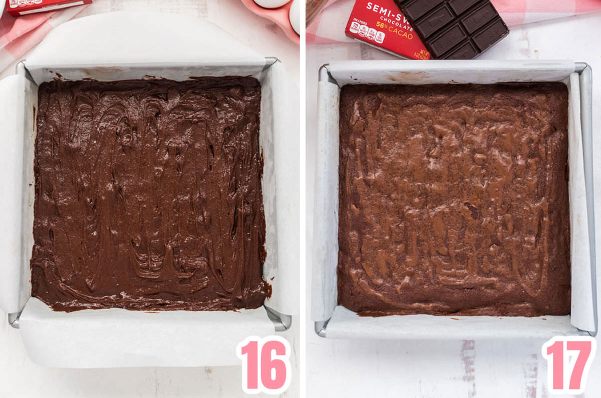 Collage image showing the brownies before they go into the oven and when they just came out of the oven.