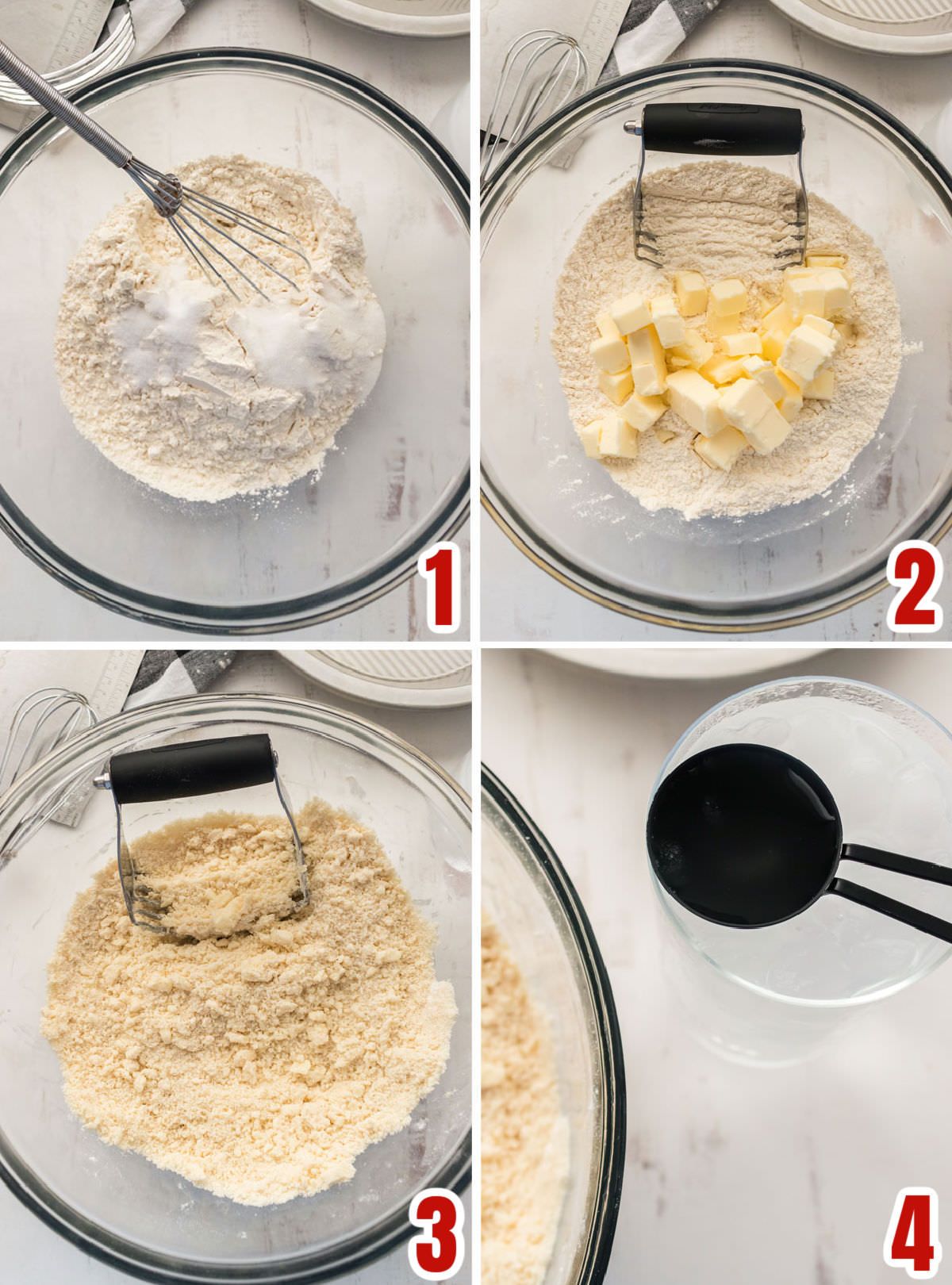 Collage image showing the steps for making the pie crust dough including using ice cold water.