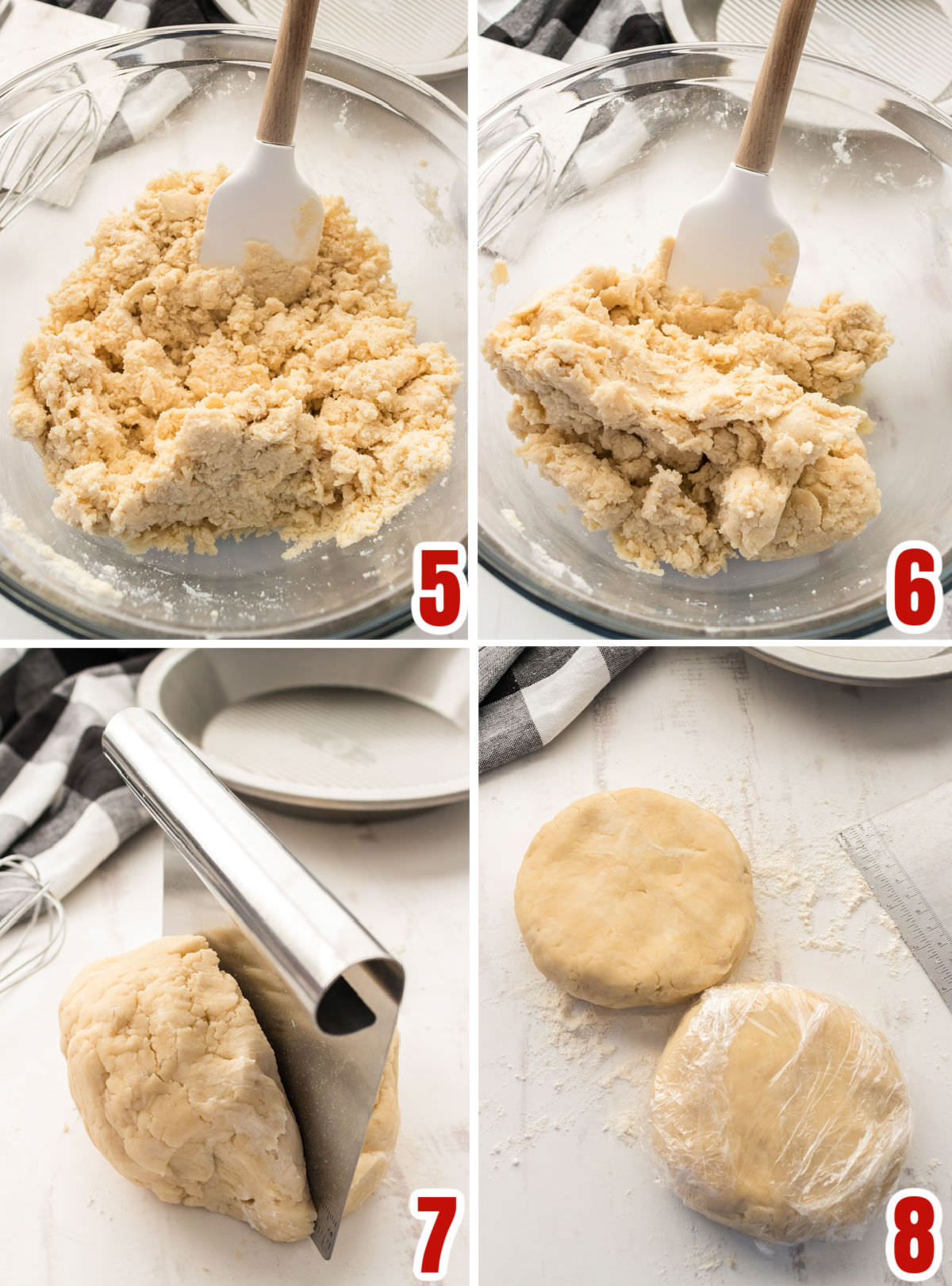 Collage image showing how to prepare the pie crust dough for rolling out.